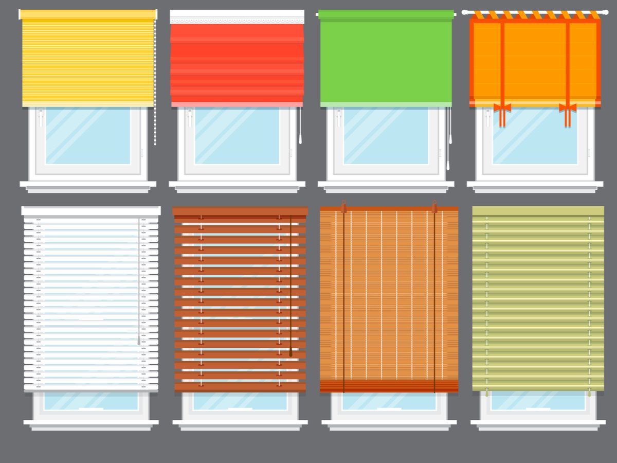 Illustration of eight windows, each showcasing unique blinds or shades in vibrant colors like yellow, red, green, orange, and brown, arranged in two rows of four.