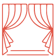 Red curtain graphic in an open position, framing a rectangular space.