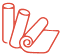 Three red outlined rolls of paper with one partially unfurled.