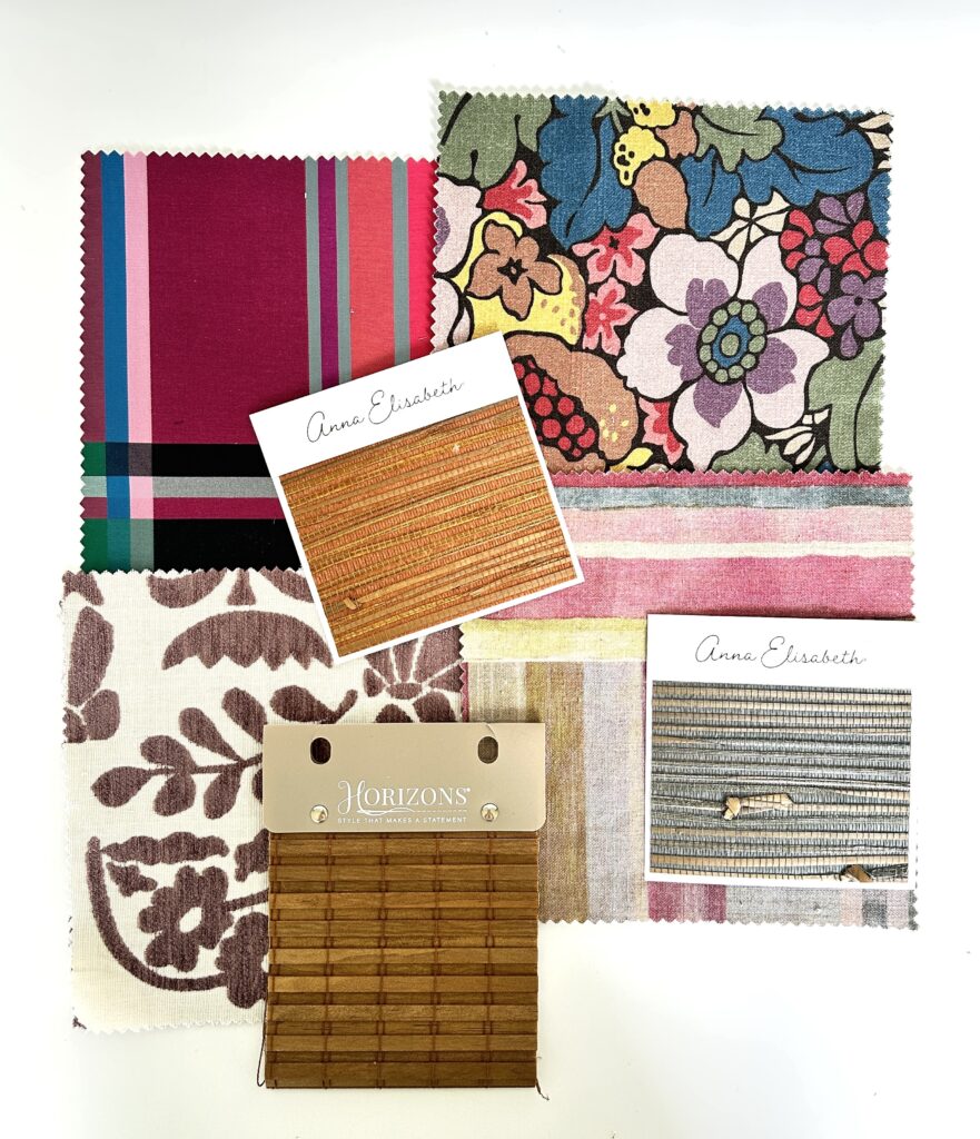 A designer flatlay featuring natural woven wood shade samples and performance fabrics in a Chattanooga studio.